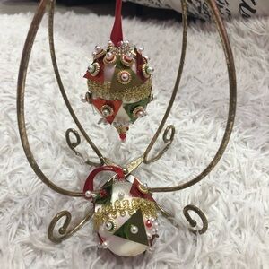 Vintage Satin Christmas Ornaments Decorated Pearl Metal Gold Ribbon
